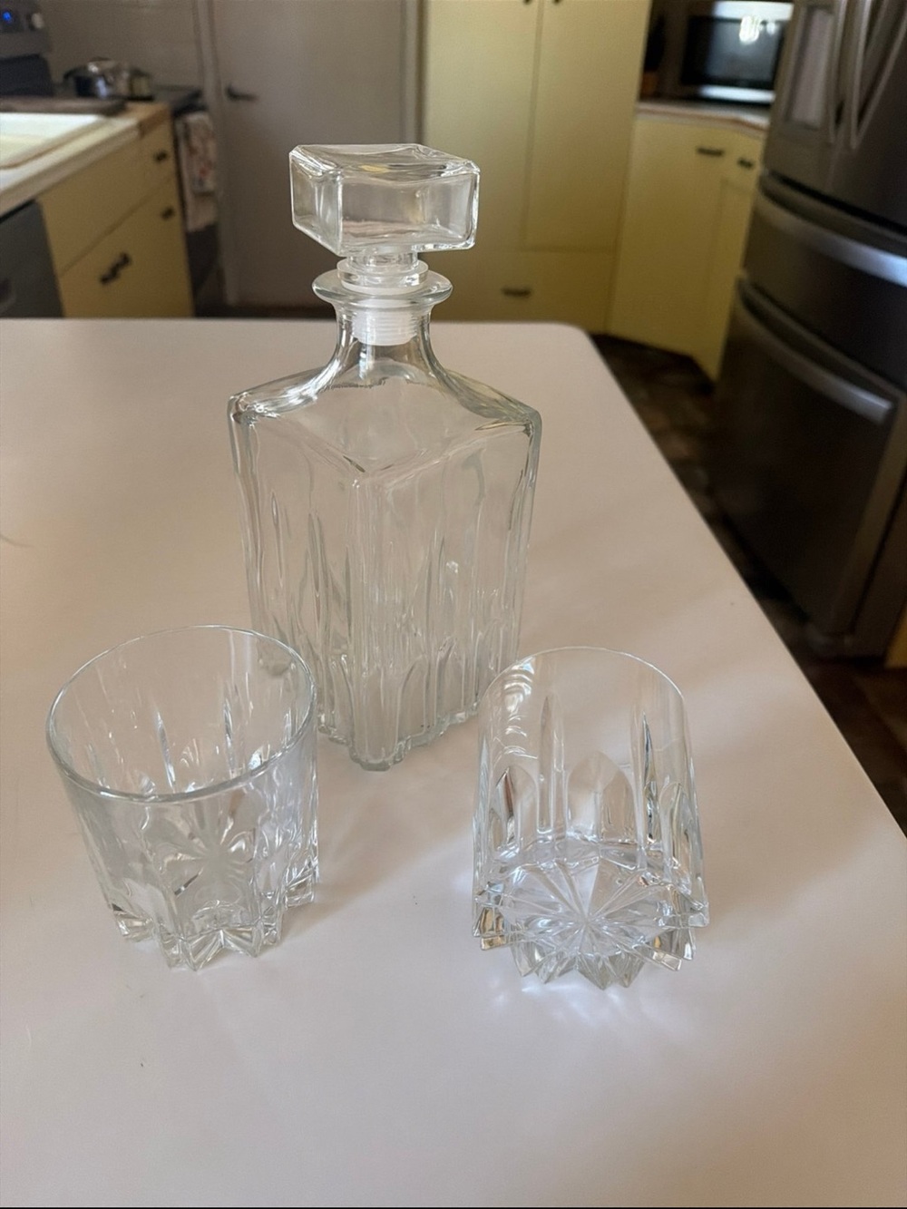 Cut Glass Whiskey Decanter Set with Two Rocks Glasses